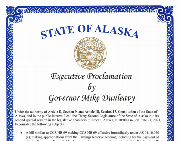 <a href="http://akleg.gov/docs/pdf/proclamations/06182021-Special-Session-Proclamation.pdf" target="_blank">Governor Dunleavy calls the Legislature into a second Special Session</a>