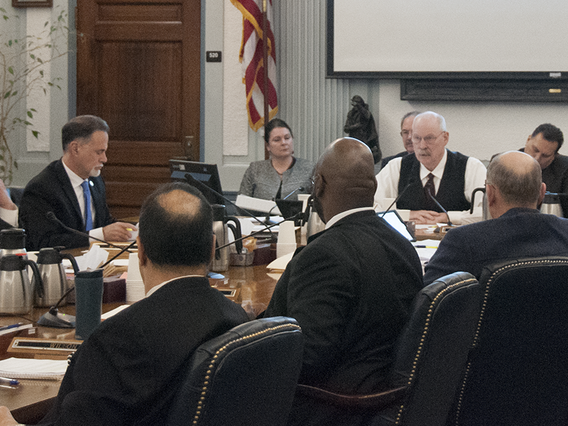 Chair Senator Stedman addresses presenters from the Office of Management and Budget 