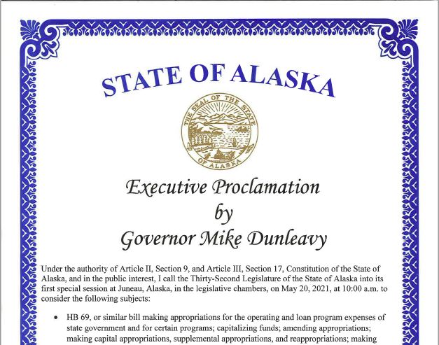 <a href="http://akleg.gov/docs/pdf/proclamations/32-Special-Session-1-and-2-Proclamations.pdf" target="_blank">Governor Dunleavy calls the Legislature into Special Session</a>