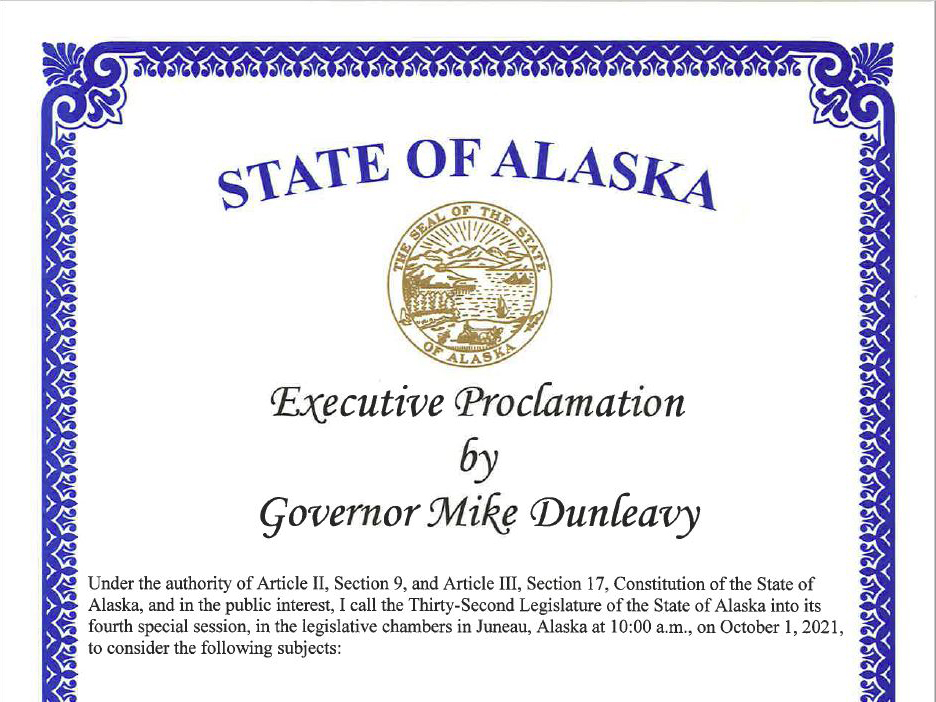 <a href="http://akleg.gov/docs/pdf/4th-Special-Session-Proclamation-9.14.21.pdf" target="_blank">Governor Dunleavy calls the Legislature into a Fourth Special Session</a>
